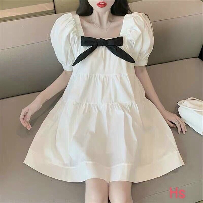 [HCM] Đầm babydoll trắng nơ đen siêu đáng yêu