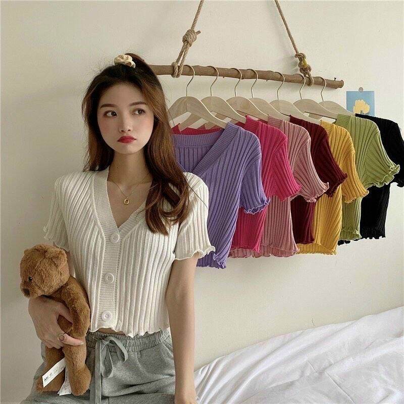 Áo kiểu thun gân gài nút tay ngắn