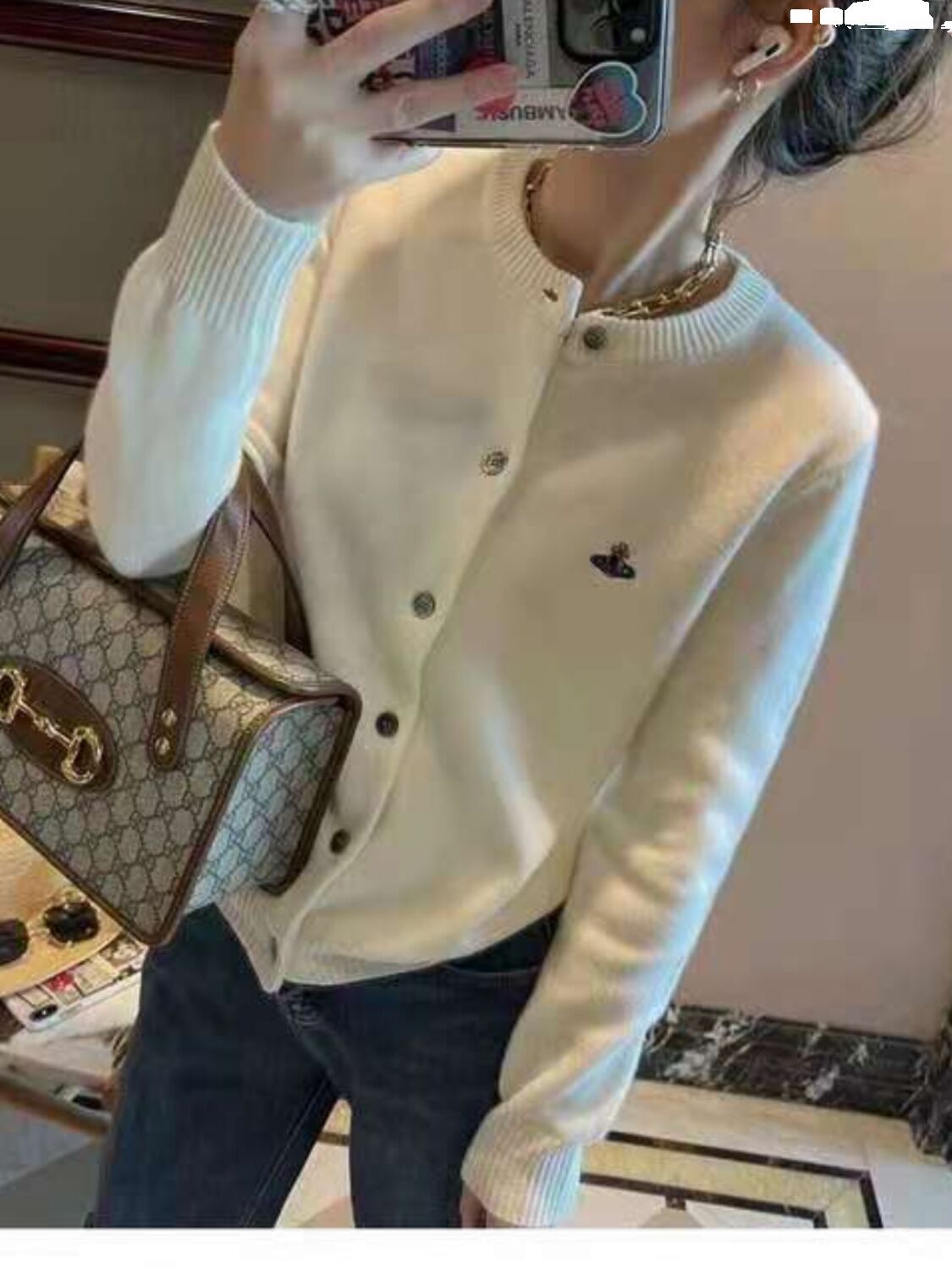 Áo Len Cardigan Dệt Kim Dài Tay Cổ Tròn Bằng Lông Cừu Cho Nữ Áo Khoác Ngoài Thời Trang Xuân Thu Mới Áo Khoác Ngoài Có Thêu Hình UFO