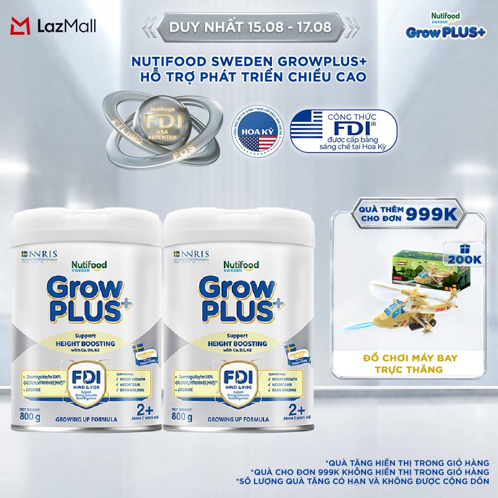 COmbo 2 Sữa Bột Nutifood Sweden GrowPLUS+ Cao lớn vượt trội - Hỗ trợ phát triển chiều cao trên 2 tuổi (Bạc) 800g