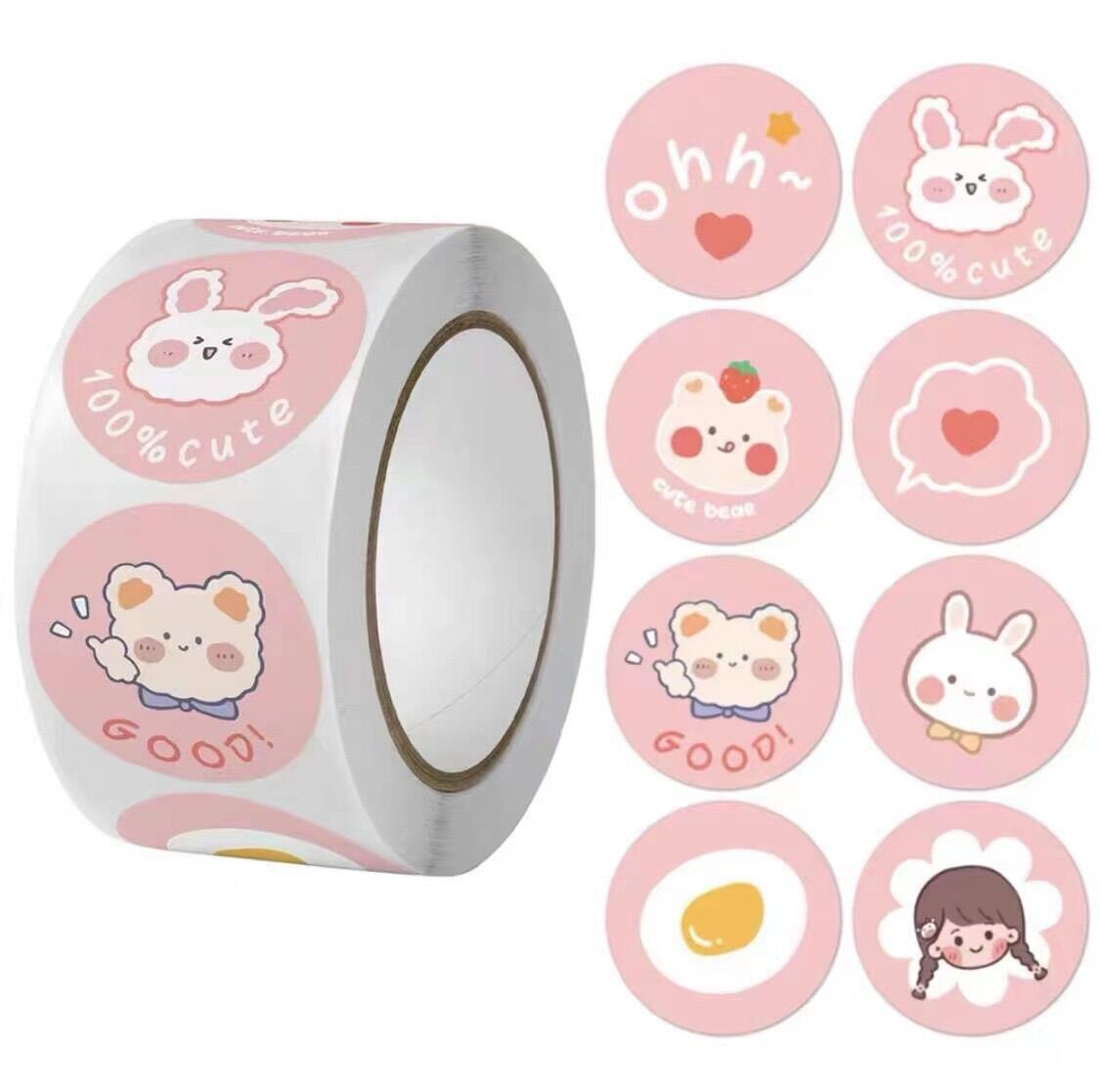 Cuộn 500 nhãn sticker cô gái thỏ hồng dễ thương trang trí size 2.5cm