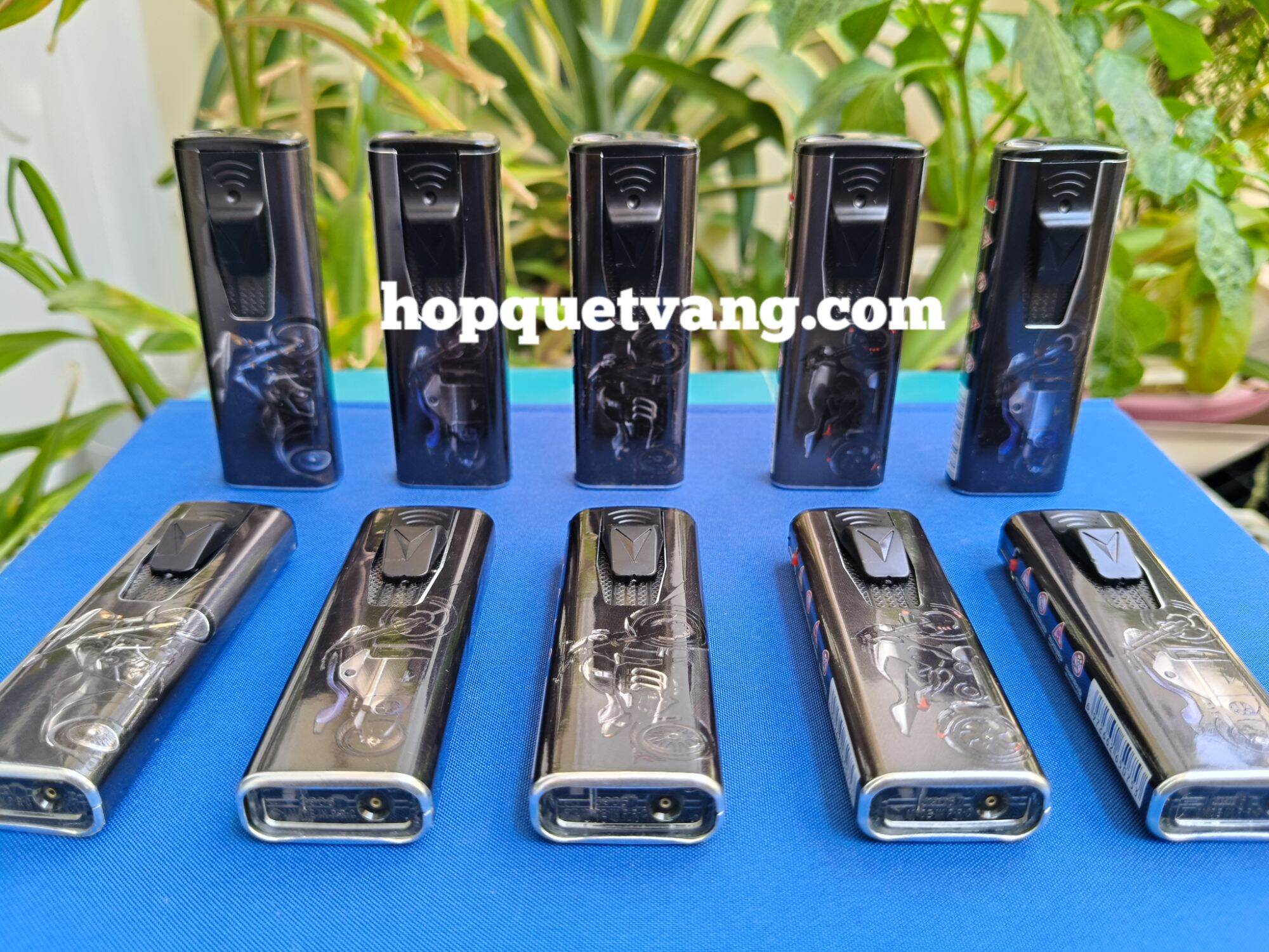 Combo 5 cái Bật lửa tem Xe Moto, vỏ kim loại phối nhựa Đen Cực Ngầu, lửa tia xanh (bơm lại được)