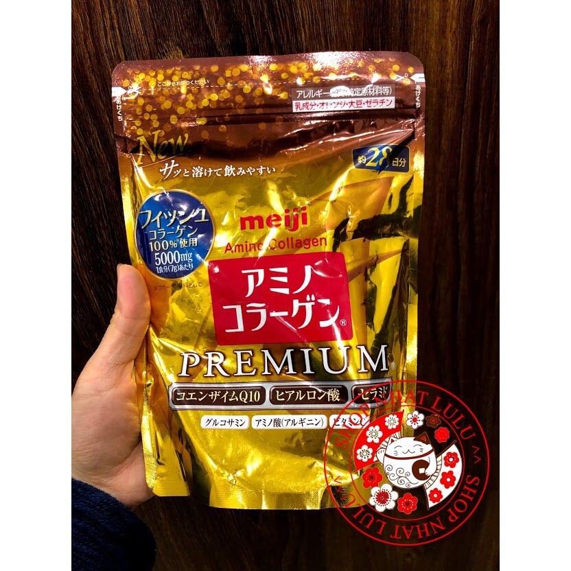 Bột Collagen meiji premium 5000mg màu vàng dạng túi gói 214g Nhật bản