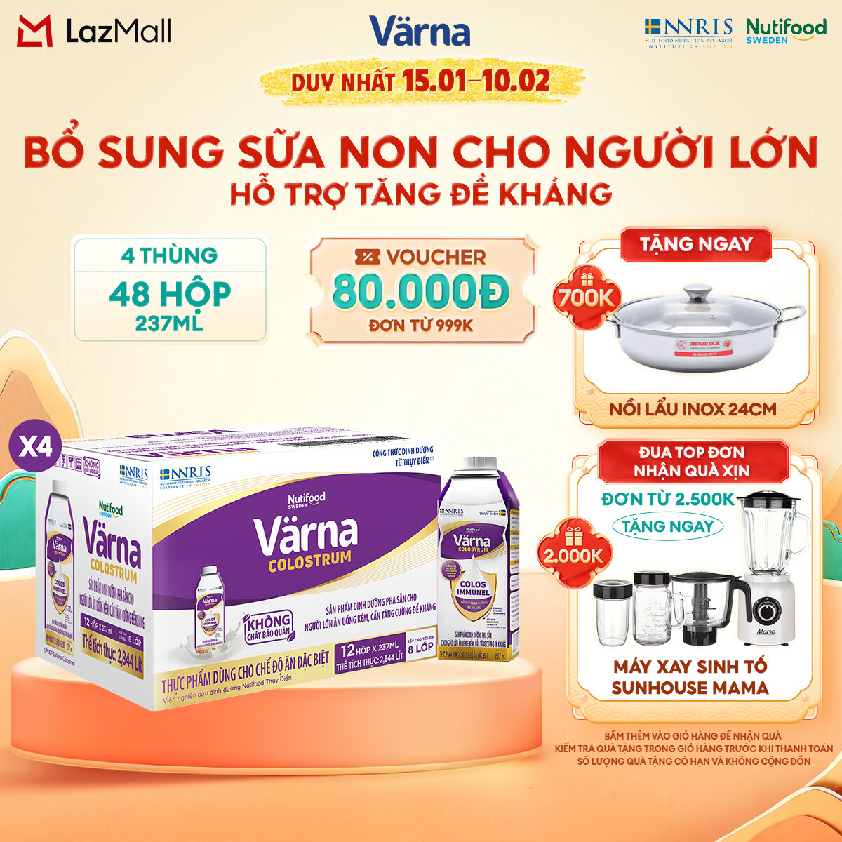 Combo 4 Thùng 12  hộp  sữa bột pha sẵn Varna Colostrum (48 hộp giấy x 237ml) - Sữa non cho người lớn