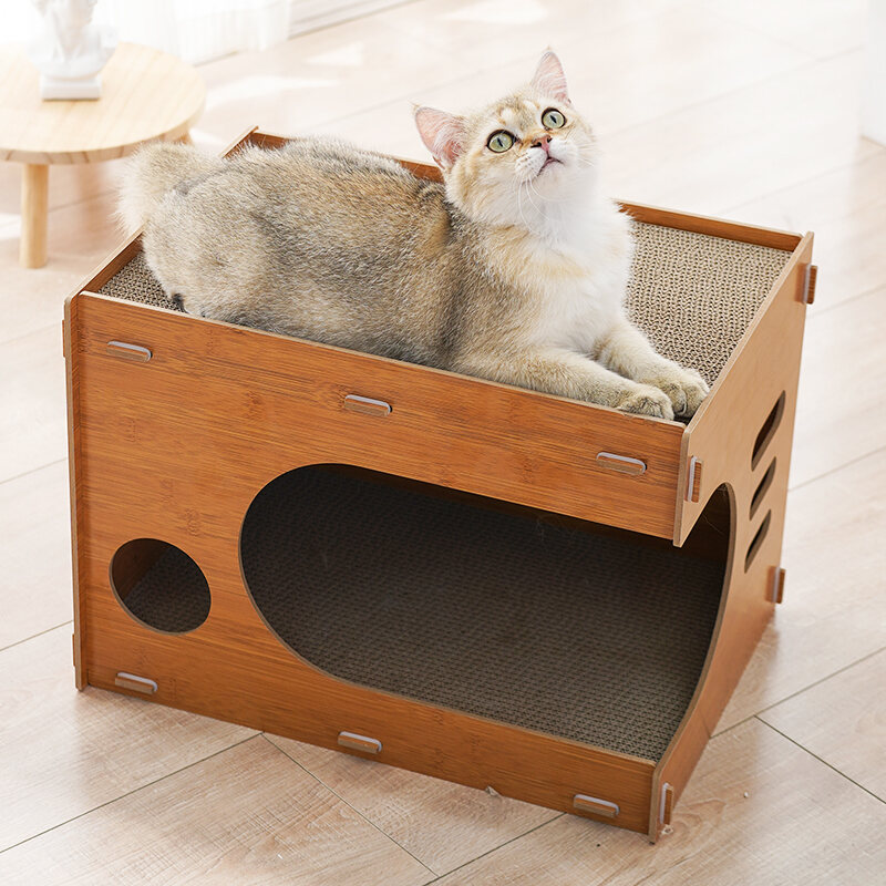 Thảm Cào Móng Cho Mèo Ổ Mèo Giấy Gợn Sóng Nhà Mèo Bằng Gỗ Hai Tầng Kiểu