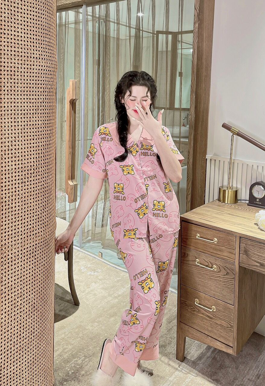 Freesize dưới 55kg - LỤA MANGO PIJAMA ĐỒ BỘ CD - CỔ SEN 2 LÁ có túi quần