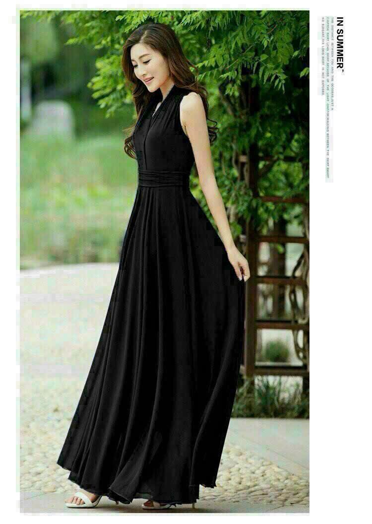 Đầm maxi cổ V sát nách đai eo xếp li