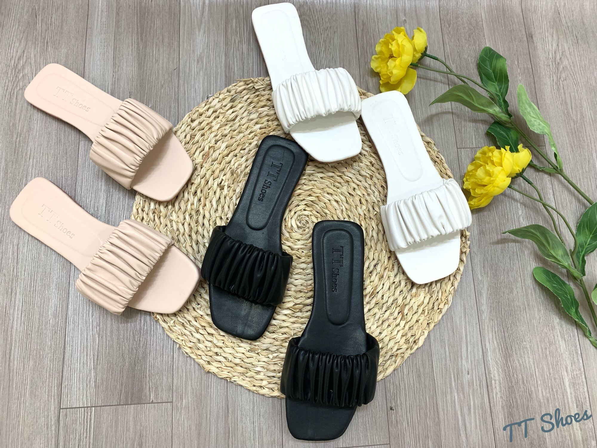 Dép xẹp bản nhúm TT Shoes mũi vuông hoang06