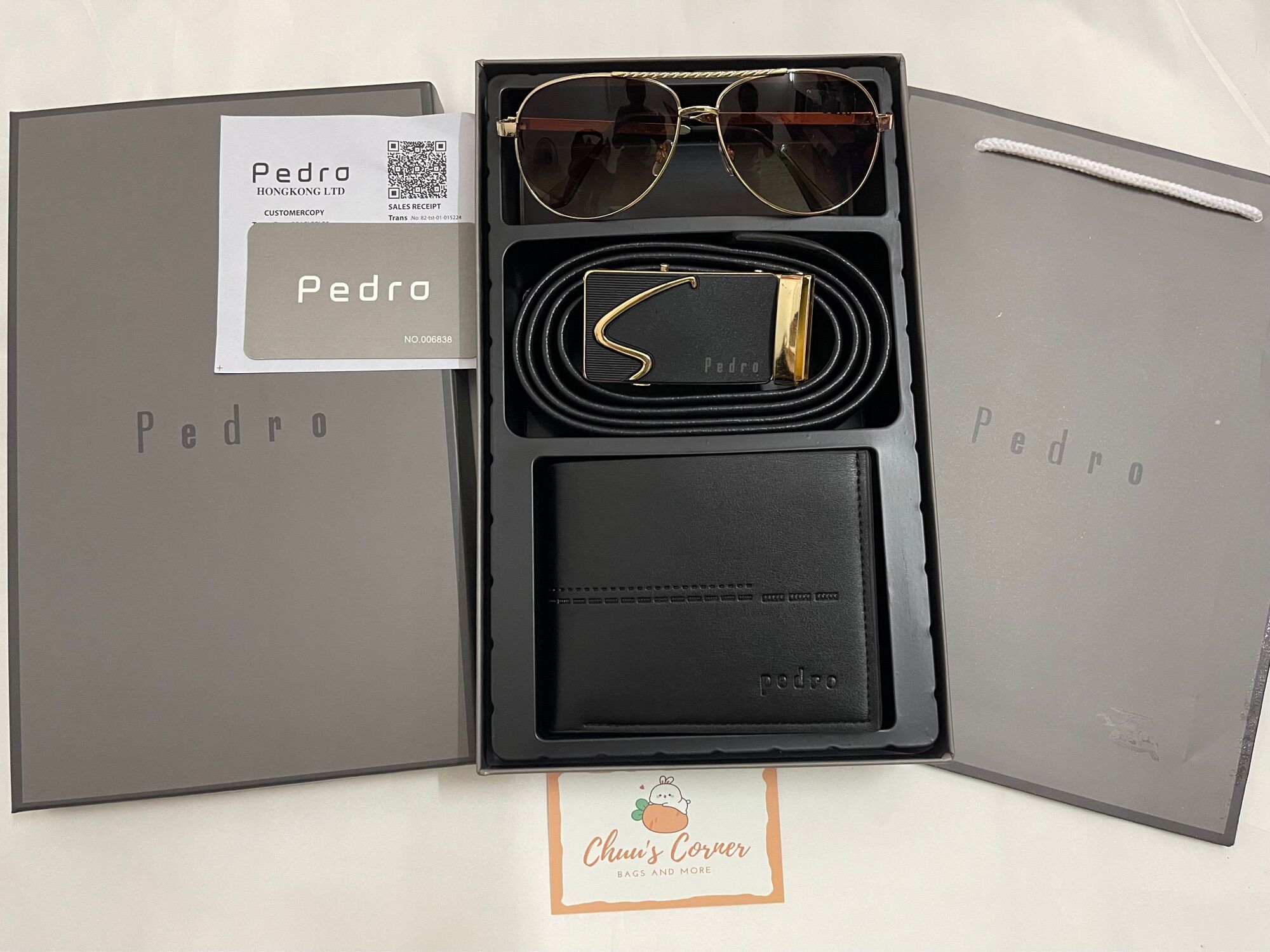 [Fullbox + Túi giấy] Combo pedro ví + thắt lưng + mắt kính nam,