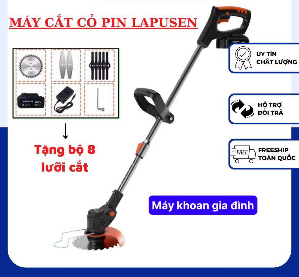 Máy cắt cỏ dùng pin lapusen 198v, máy phát cỏ cầm tay tặng 8 bộ lưỡi cắt