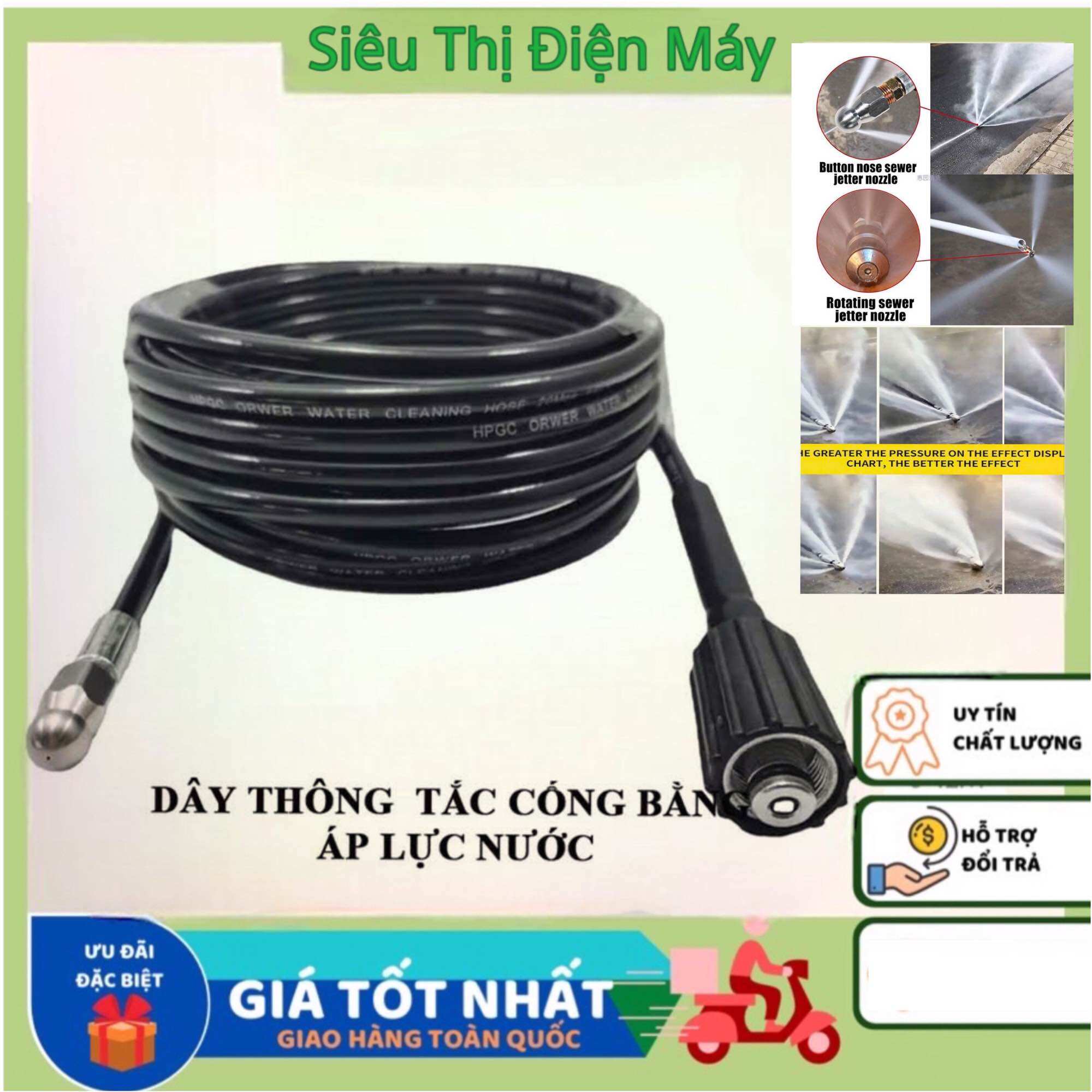Dây Thông Tắc Cống 10-15-20m Gắn Đầu Béc 7 Tia Phá Mọi Vật Cản Bằng Áp Lực Nước Máy Rửa Xe