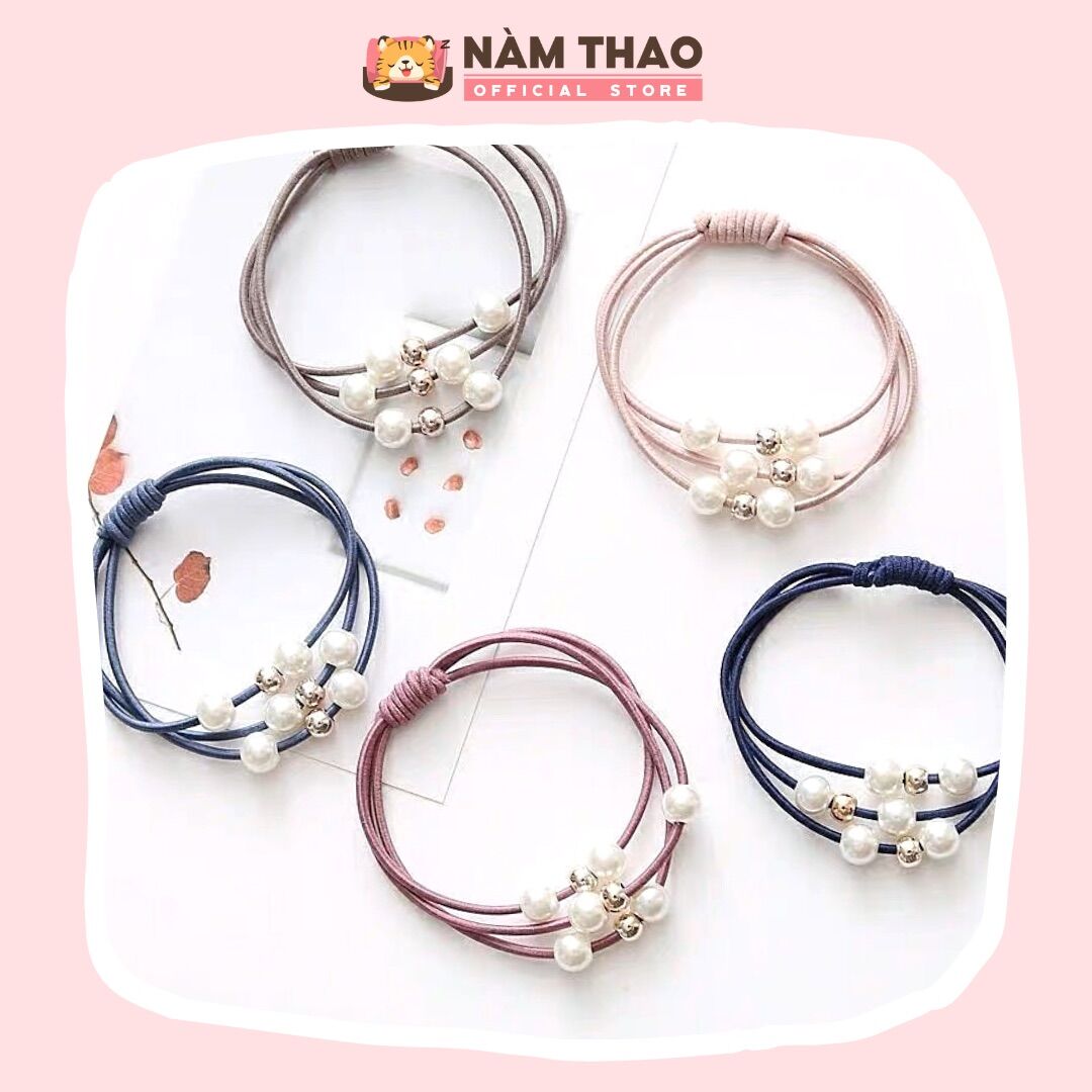 Set dây cột tóc ngọc trai mix 5 màu, mỗi màu phối 3 sợi thun, 6 hạt trai & 3 hạt mạ vàng | nàm thao - qt