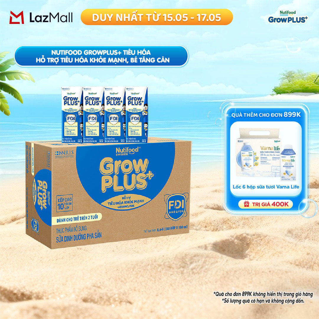 Sữa nước pha sẵn Nutifood Sweden GrowPLUS+ Tiêu Hóa (Xanh Nhạt) 2+ - Hỗ trợ tiêu hóa khỏe mạnh, bé tăng cân (48 hộp x 180ml)