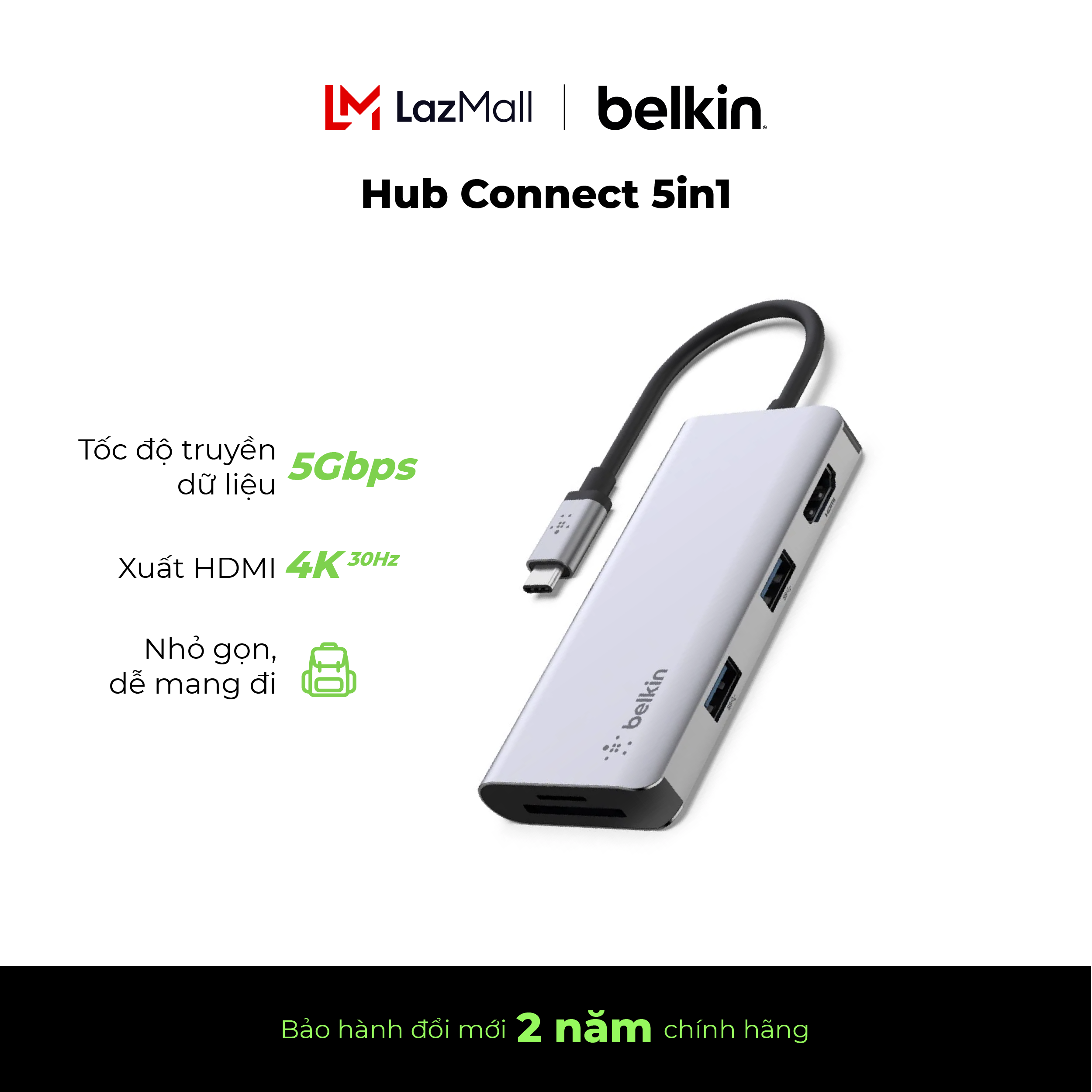 Hub chuyển đổi Belkin CONNECT Hub USB-C 5-in-1 - HDMI 1.4 4K 30Hz