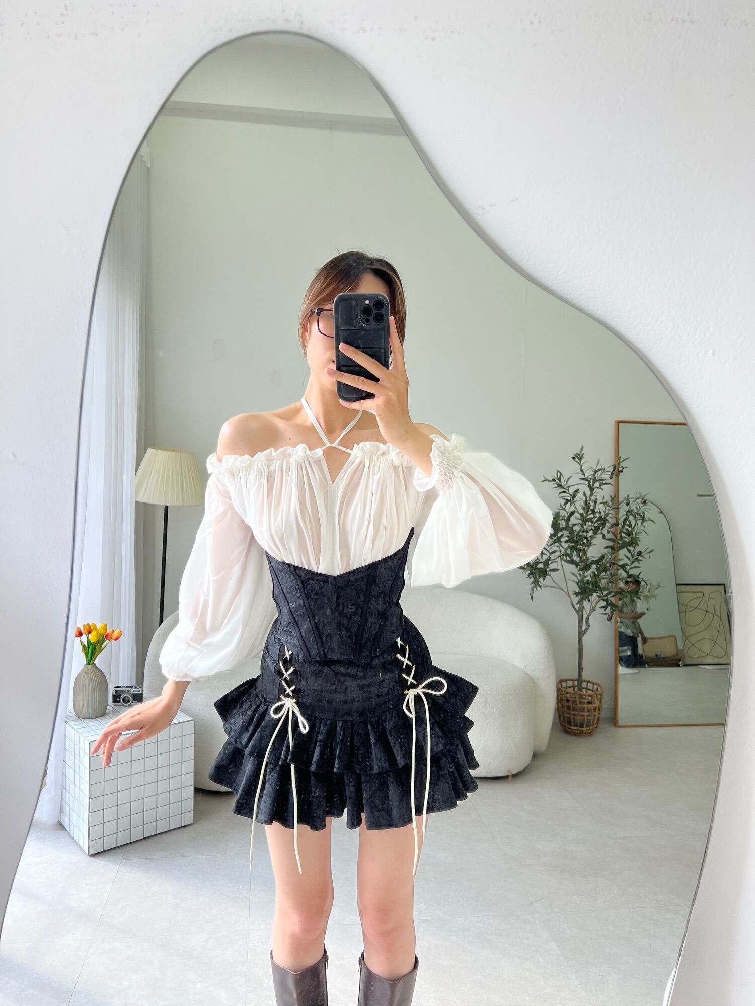 Corset đan dây vải kaki nhung