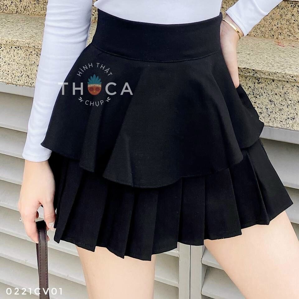 Chân váy đen xoè 1 tầng phối dập ly dưới