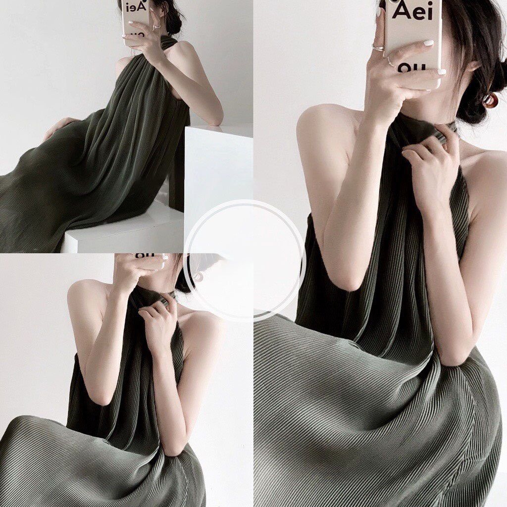 Váy dập ly cổ yếm form maxi sang trọng ULZZANG
