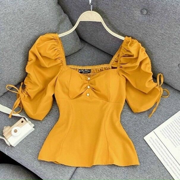 [ MÃ 320 ] ÁO CÚP NGỰC TAY NHÚN PHỒNG ( ẢNH SHOP CHỤP )