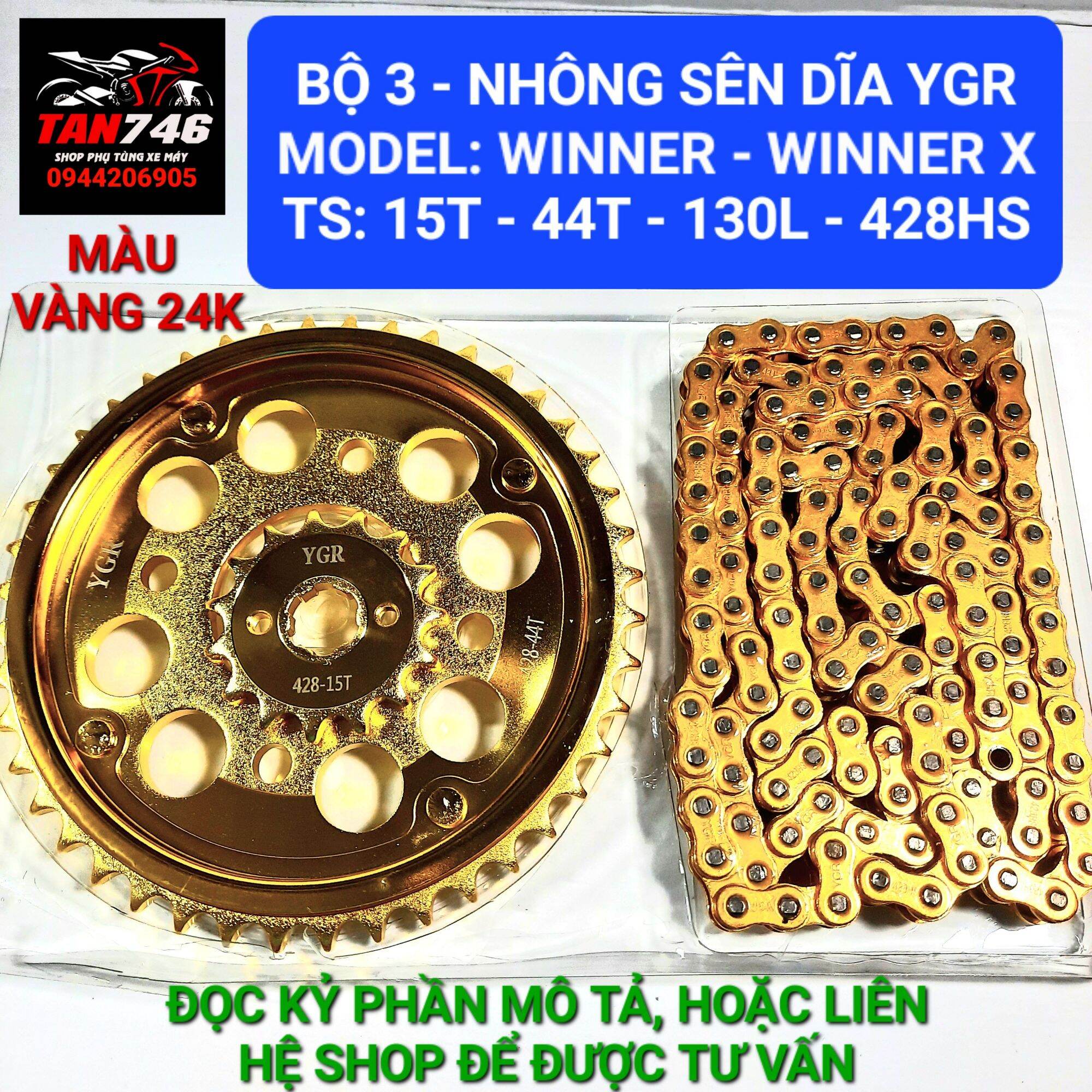 Sên nhông dĩa ygr cho winner, winner x 150, bộ 3 nhông xích chất lượng cao, nhông 15, dĩa 44, sên 130 mắc, lắp cho xe hãng honđa