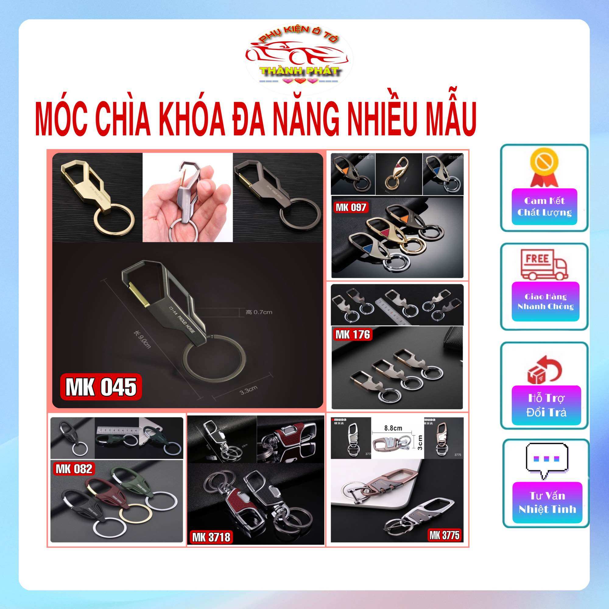 Móc khóa đa năng - Móc chìa khóa ô tô xe máy chất liệu inox mà crom cao cấp không gỉ có chốt móc đĩa quần