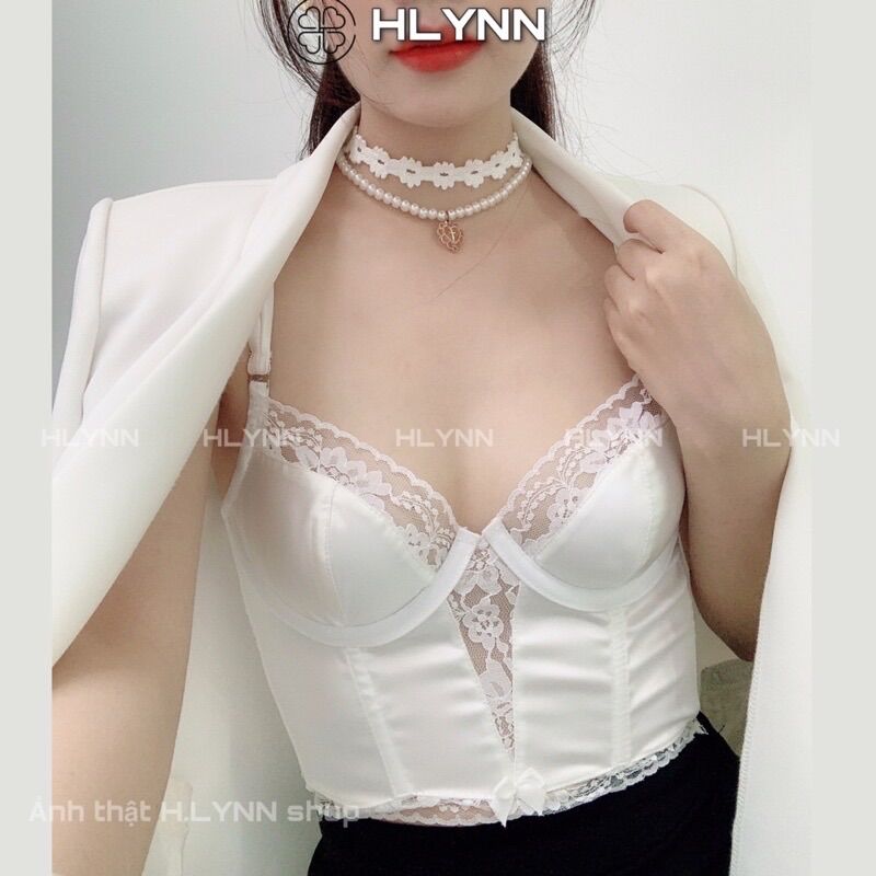 M155Áo corset hai dây lụa bóng phối ren có gọng mút