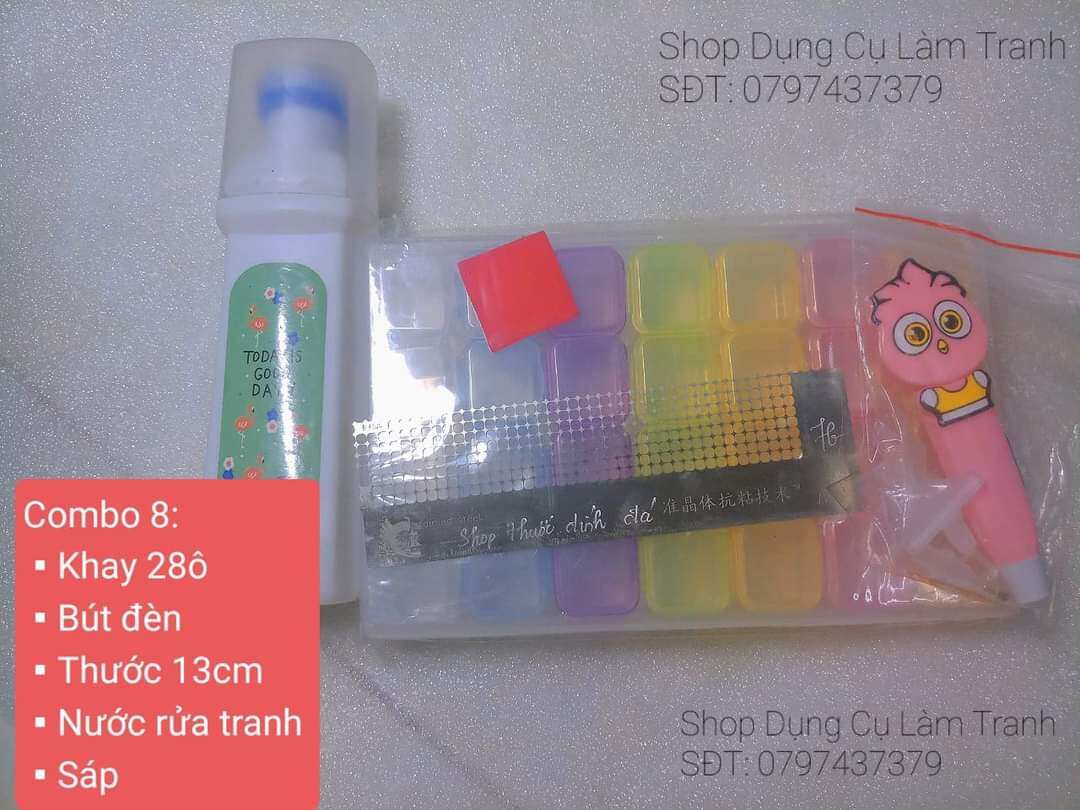 Combo 5 món dụng cụ làm tranh: thước đính đá, hộp 28 màu, sáp làm tranh, bút đèn, nước vệ sinh tranh