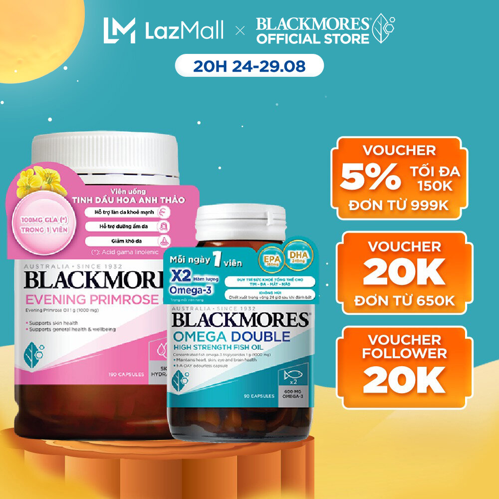 Combo tinh dầu hoa anh thảo blackmores evening primrose oil lọ 190 viên và viên uống dầu cá hỗ trợ cho tim, mắt và da blackmores double omega high strength lọ 90 viên