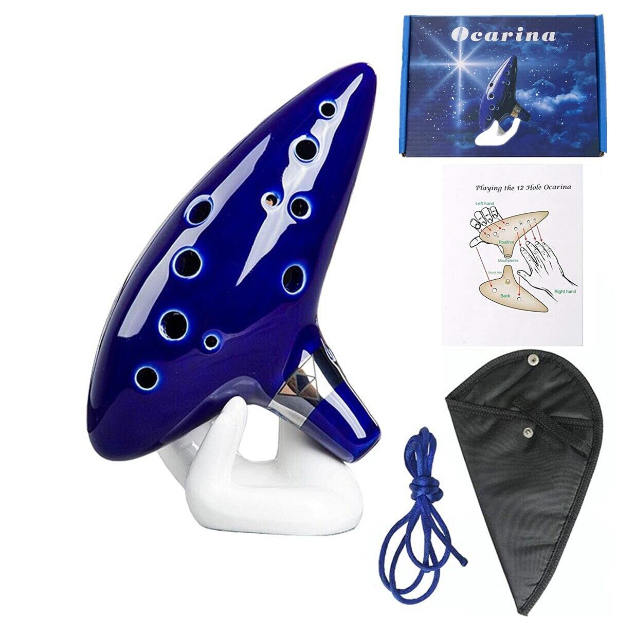 Ocarina,12 tones alto c gốm ocarina nhạc cụ với bài hát cuốn sách cổ chuỗi cổ dây mang theo túi, màu xanh