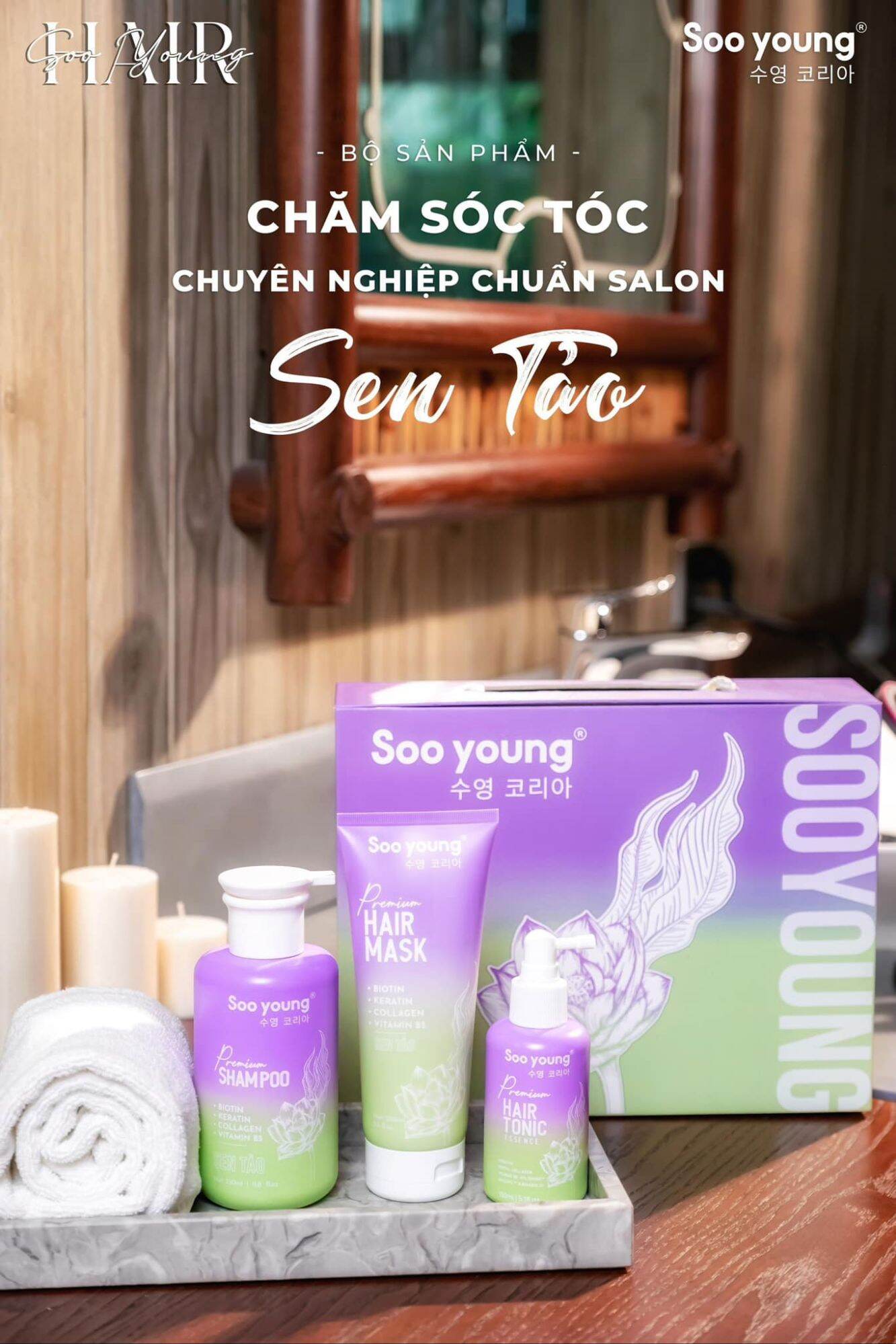 Combo gội xả xịt tóc sen tảo soo young. tặng combo sữa tắm soo young