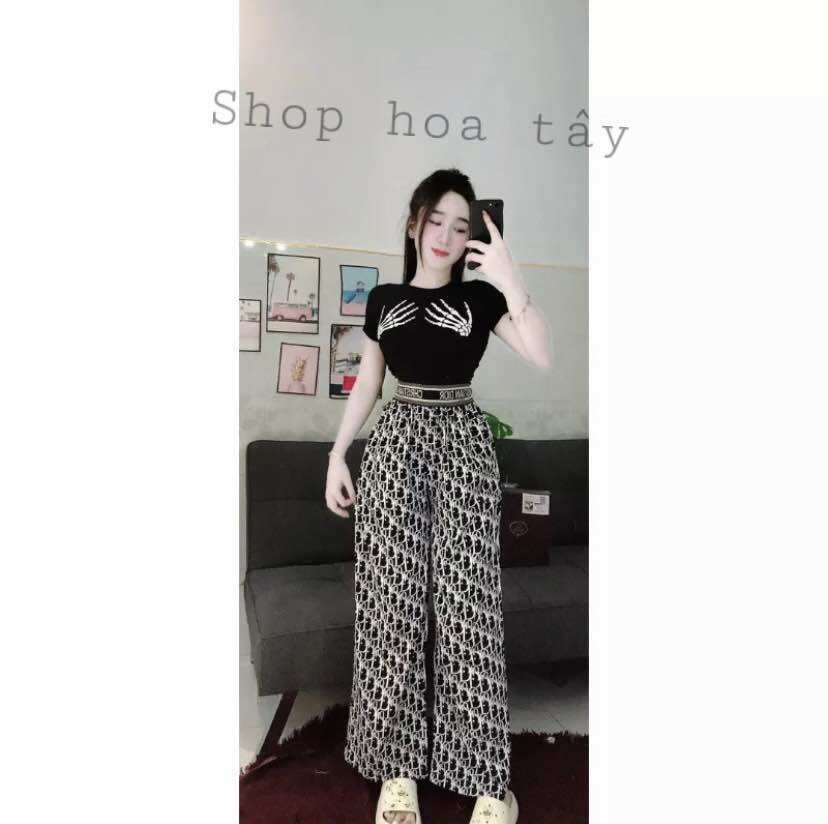 Set bộ thun áo thun in bàn tay xương croptop kèm quần ống xuông