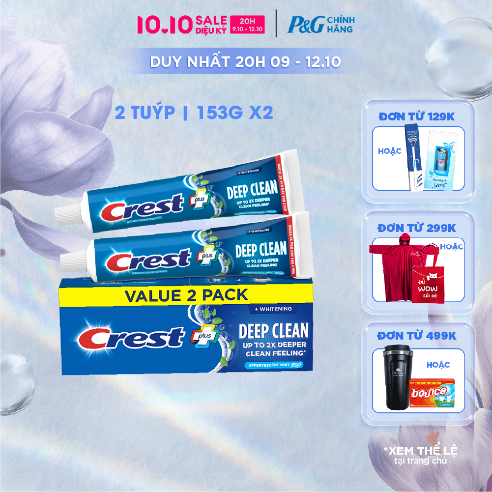 [Voucher 12%] Hộp 2 Kem Đánh Răng CREST Nhập Khẩu Mỹ Làm Sạch Sâu Răng Trắng Sáng Complete Whitening + Deep Clean Tuýp 2x153g