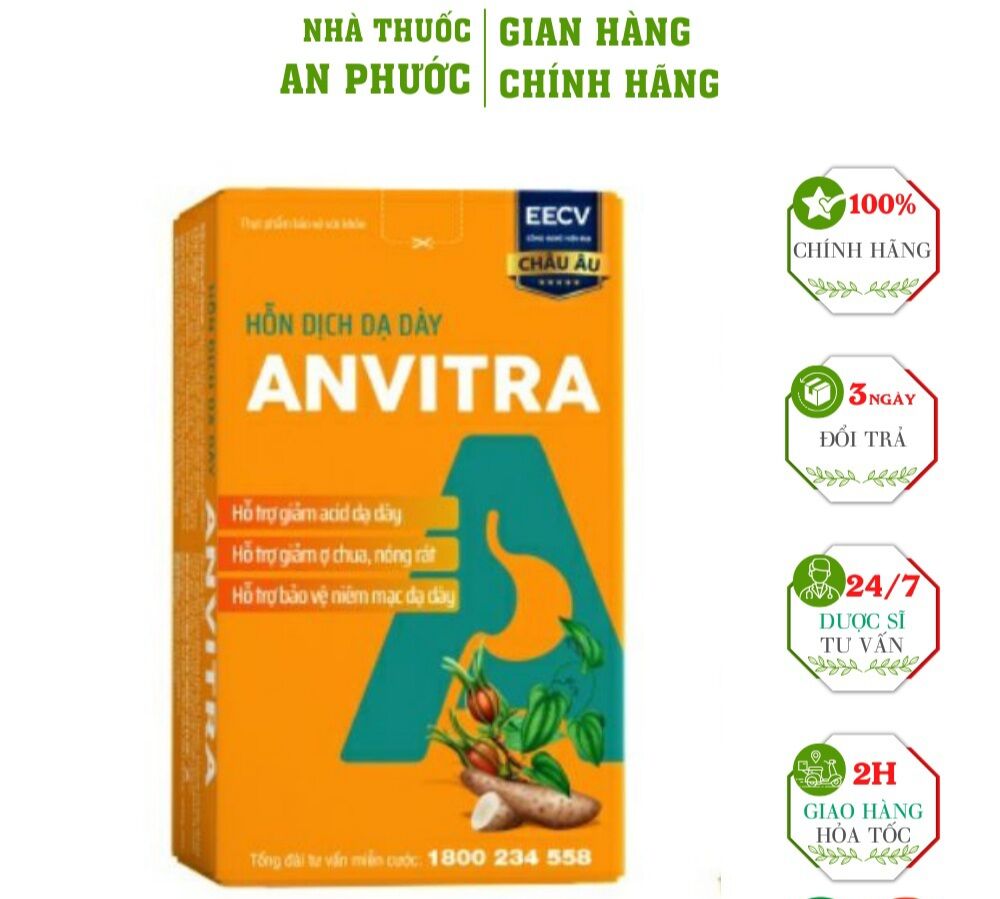 Anvitra hổ trợ giảm ợ chua nóng rát dạ dày 15 gói hộp màu vàng