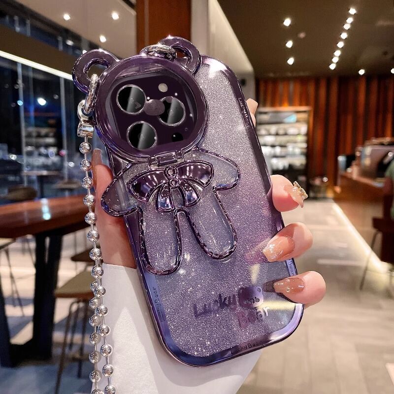 Đeo chéo gấu lấp lánh ốp điện thoại silicon mạ điện bảo vệ cho iphone 16 pro max 15 pro 14 full 13 ống kính 12 dây đeo vai 11 hoạt hình dễ thương