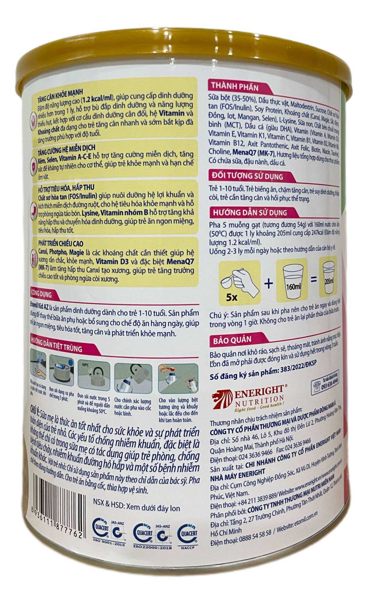 [QUÀ TẶNG KHI MUA 2 LON] SỮA BỘT ETOMIL KID AZ CHO BÉ 1-10 TUỔI LON 900G