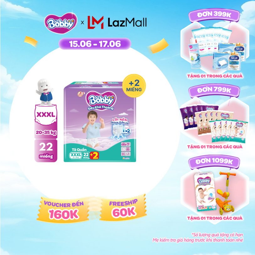 [Từ 22-23 tặng QUÀ TO-SLCH][Số miếng tặng thay đổi tùy đợt nhập hàng] Tã/bỉm quần Bobby 3mm Jumbo Siêu khô thoáng XXXL22