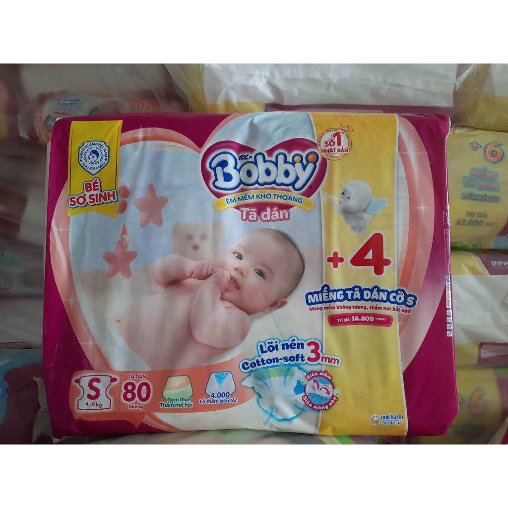 [Tặng kèm 4 miếng] Tã Dán Bobby Sơ Sinh S80 miếng (cho bé 4-8kg)