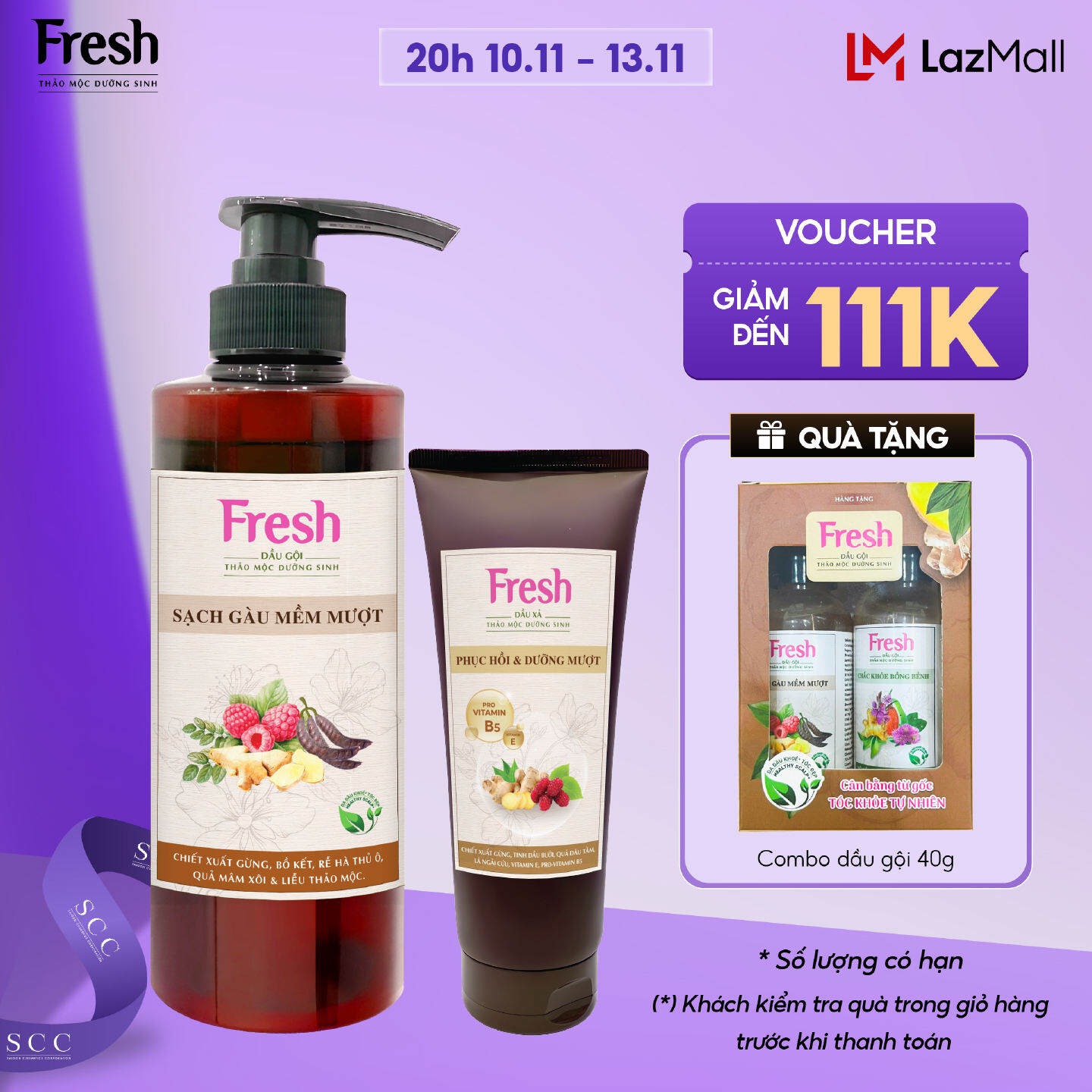 Combo Dầu gội + Dầu xả Fresh Thảo mộc dưỡng sinh Sạch gàu mềm mượt 480g + Phục hồi và Dưỡng mượt tóc hư tổn 180g