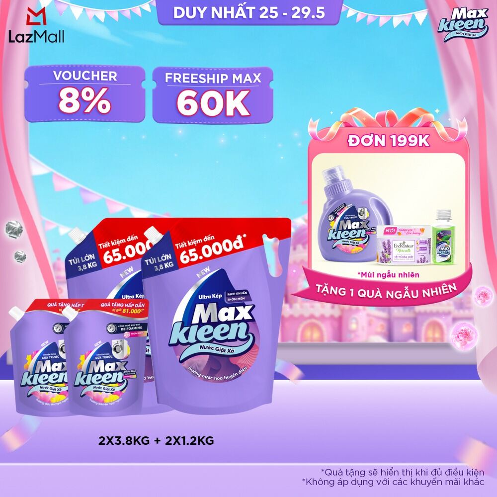 [Tặng kèm 2 túi nước giặt xả 1kg2 ngẫu nhiên] Combo 2 túi Nước giặt xả cho máy giặt MaxKleen hương Hoa nắng/ Huyền Diệu/ Vườn sớm mai 3.8kg