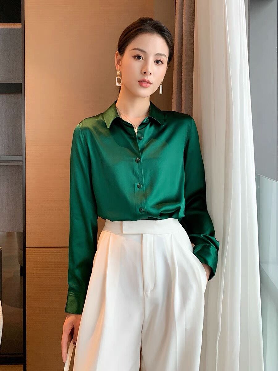 Áo nữ vnxk form sơmi lụa satin 2 màu cực đẹp 310k