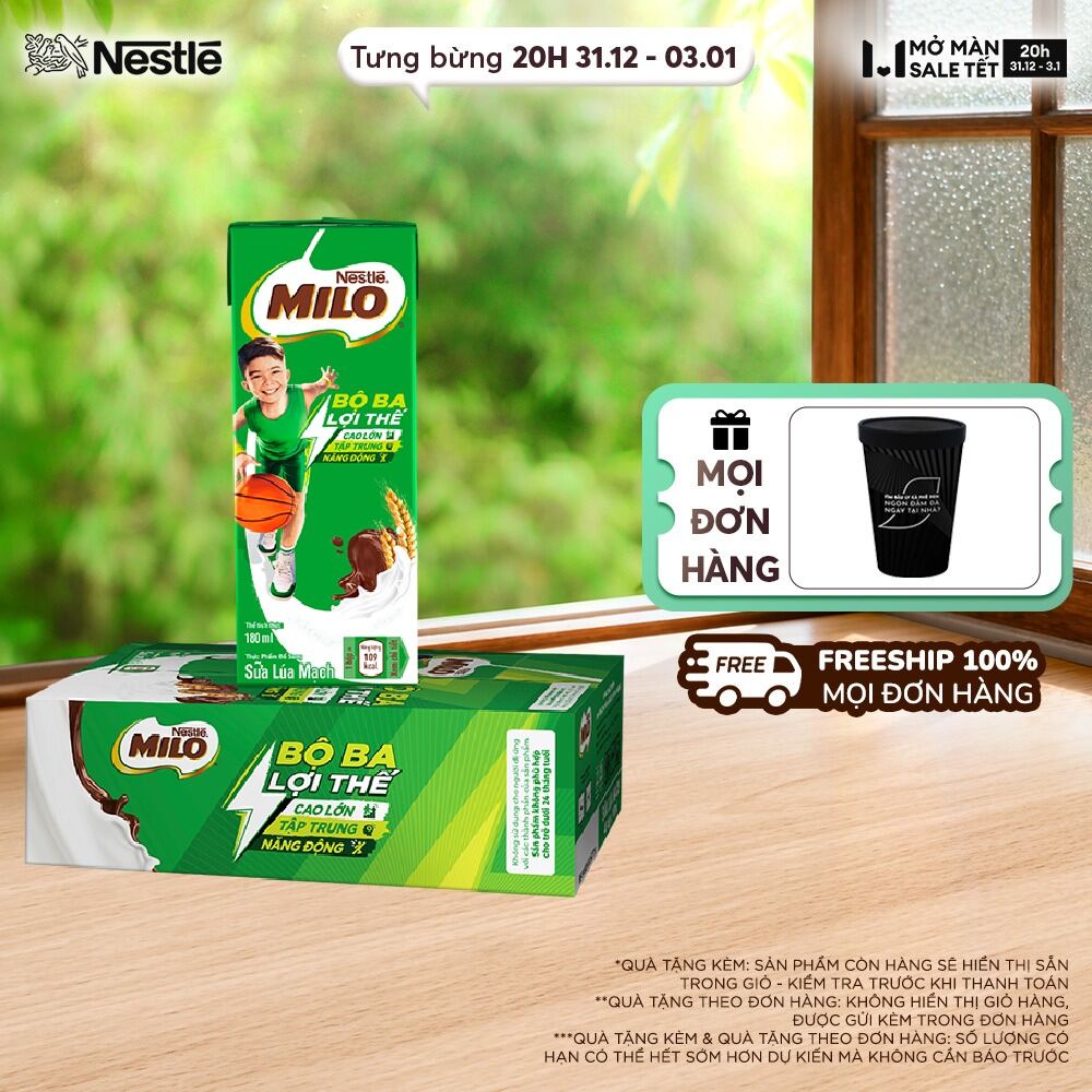   FREESHIP TOÀN QUỐC  Thùng 48 Hộp Sữa lúa mạch Nestlé® MILO® 180ml 