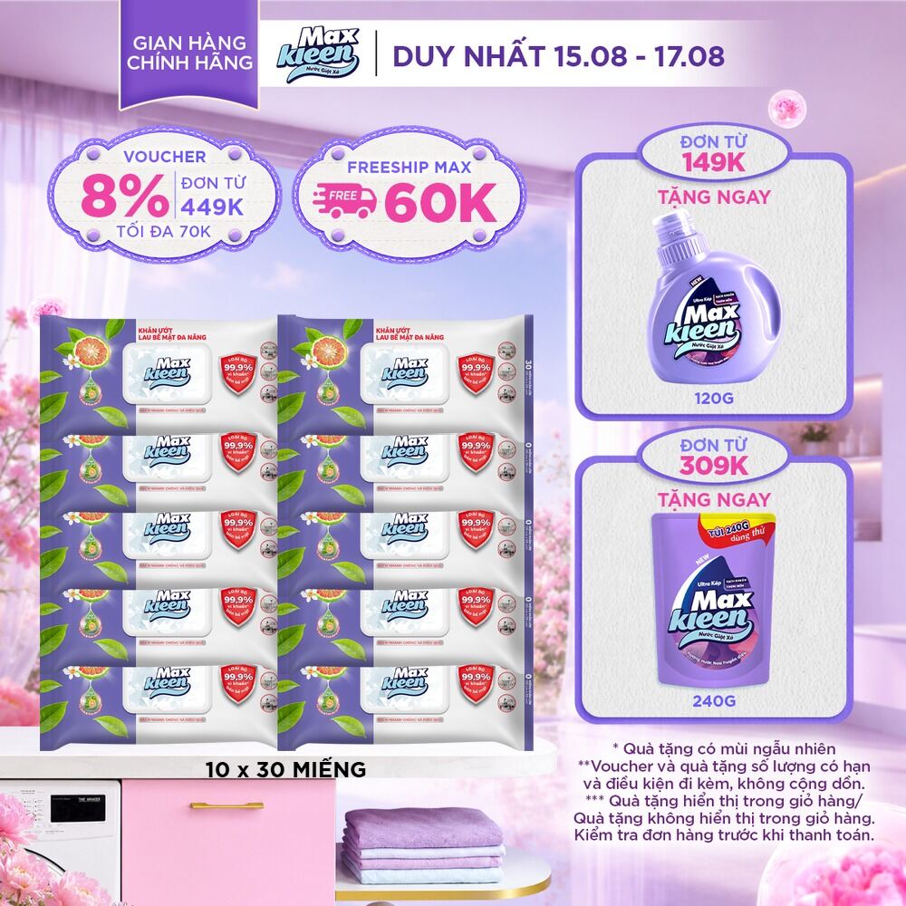 Combo 10 gói Khăn Ướt Lau Bề Mặt Đa Năng MaxKleen 30 Miếng/gói