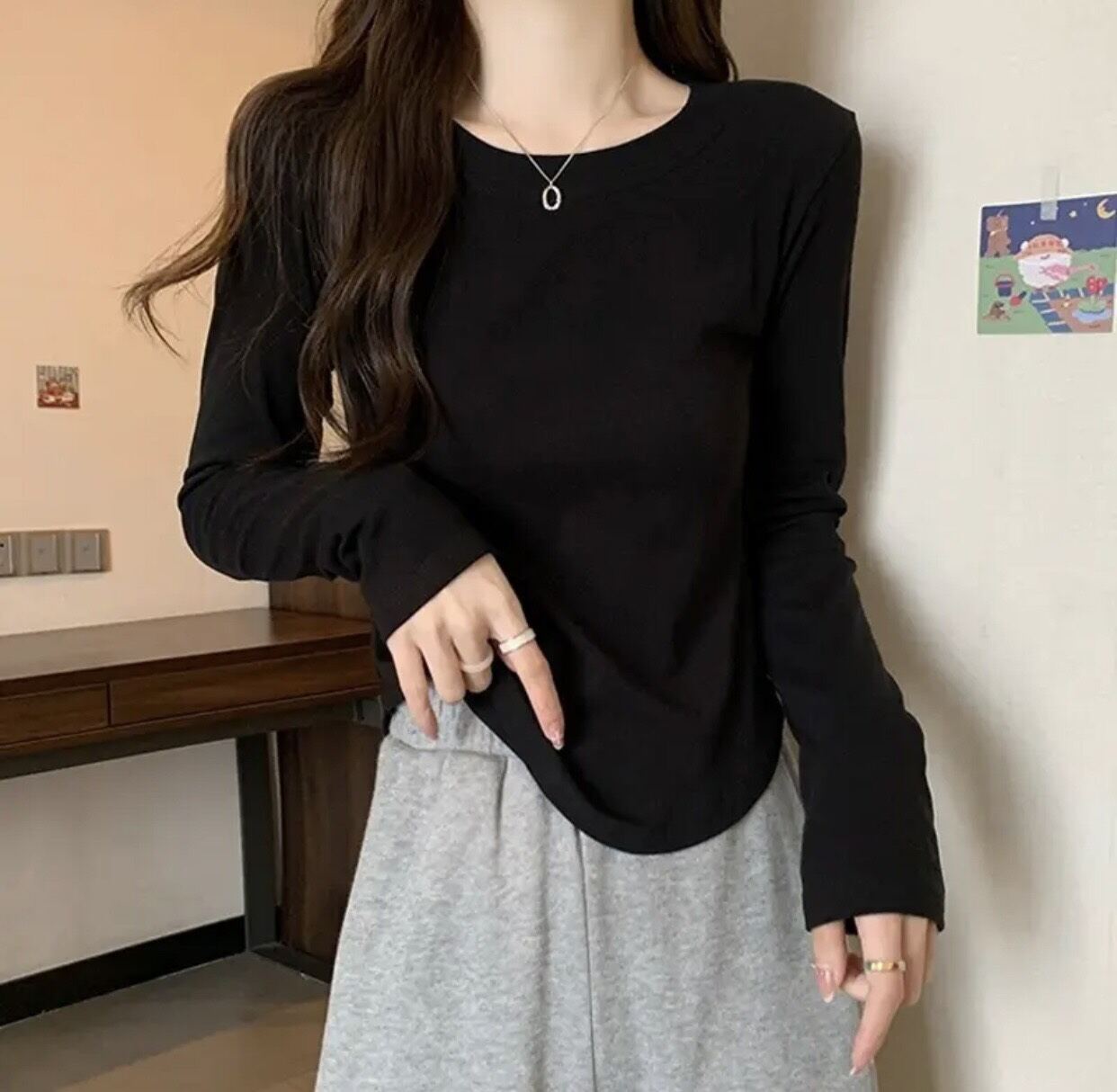 Áo thun tăm hàn cổ tròn dài tay kiểu vạt bầu