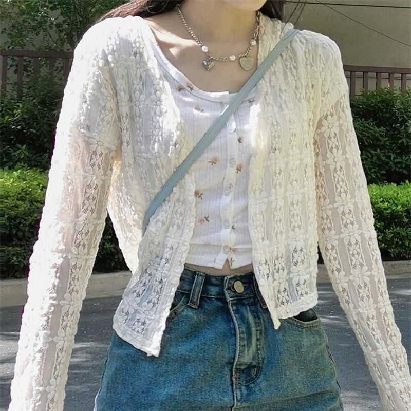 Áo Khoác Ren Mỏng Dài Tay Ngắn Cho Nữ Xuân 2024 Áo Khoác Cardigan Hở Cổ Chữ V Màu Trơn Thường Ngày C