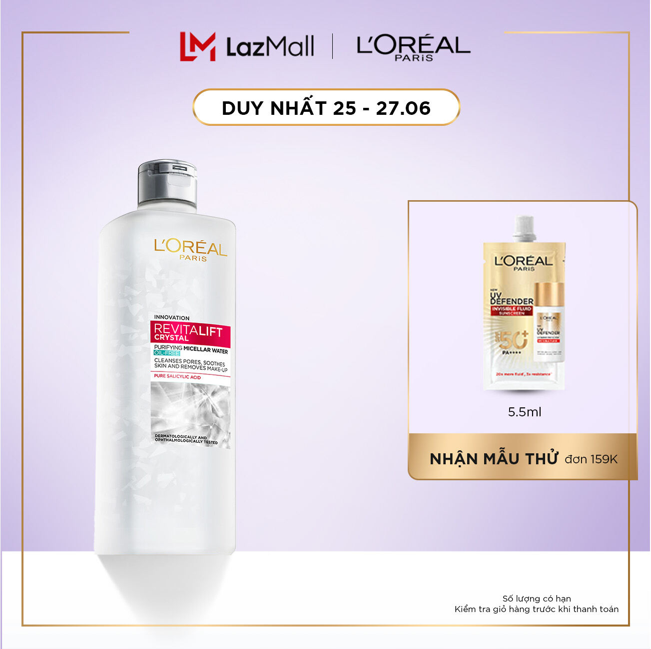 Nước tẩy trang đa năng 3-in-1 L'Oreal Paris Micellar kiềm dầu cho làn da sáng mịn rạng rỡ 400ml
