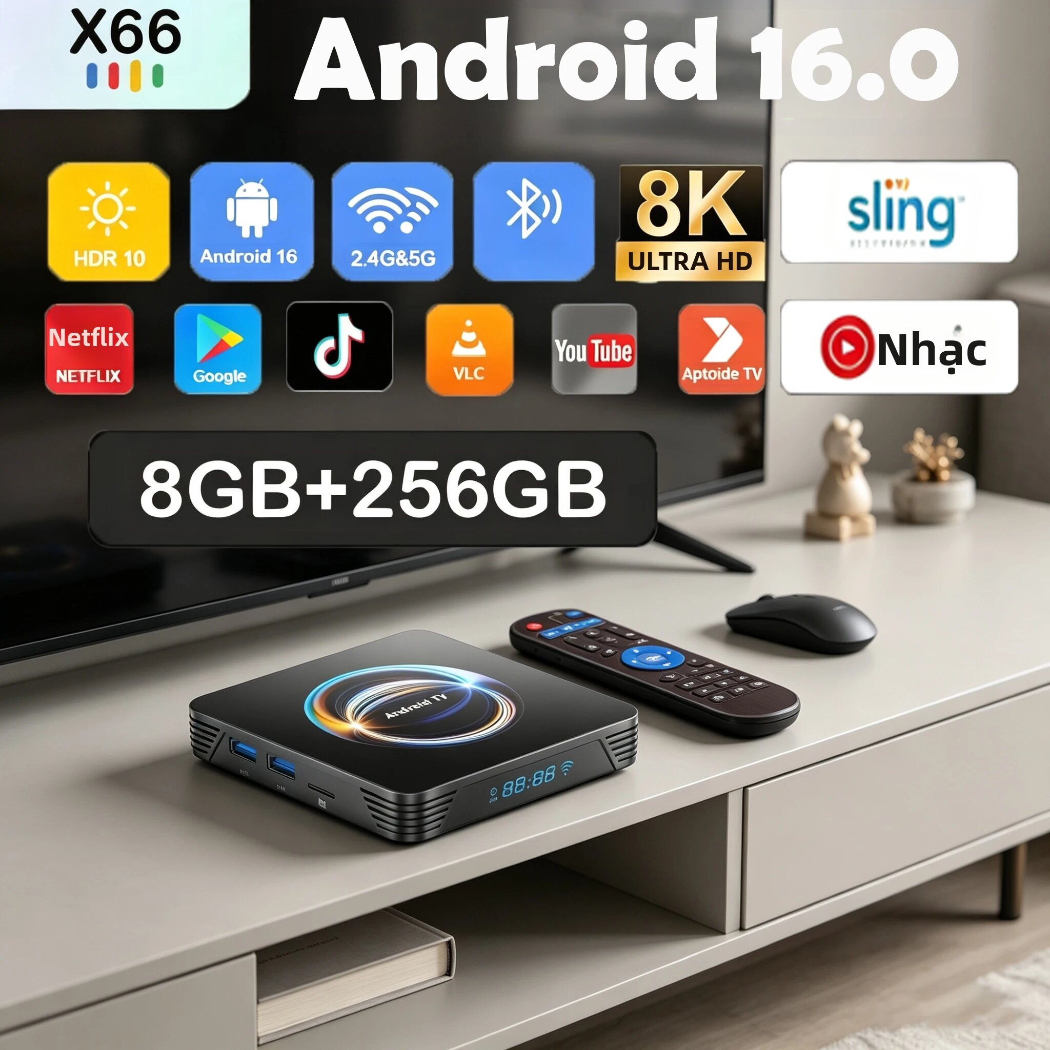 Hộp Giải Mã Truyền Hình Thông Minh X66 Android 16 RK3528 WiFi Kép Bluetooth 6.0 8GB+256GB, Hỗ Trợ Google Video Player, YouTube, Tốc Độ Rất Nhanh