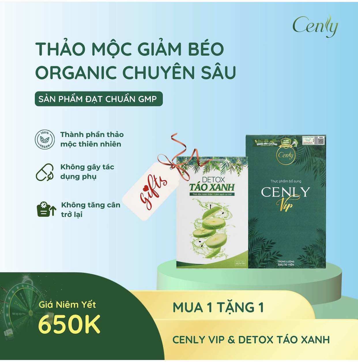 GIẢM CÂN Cenly Vip mạnh tặng detox táo xanh