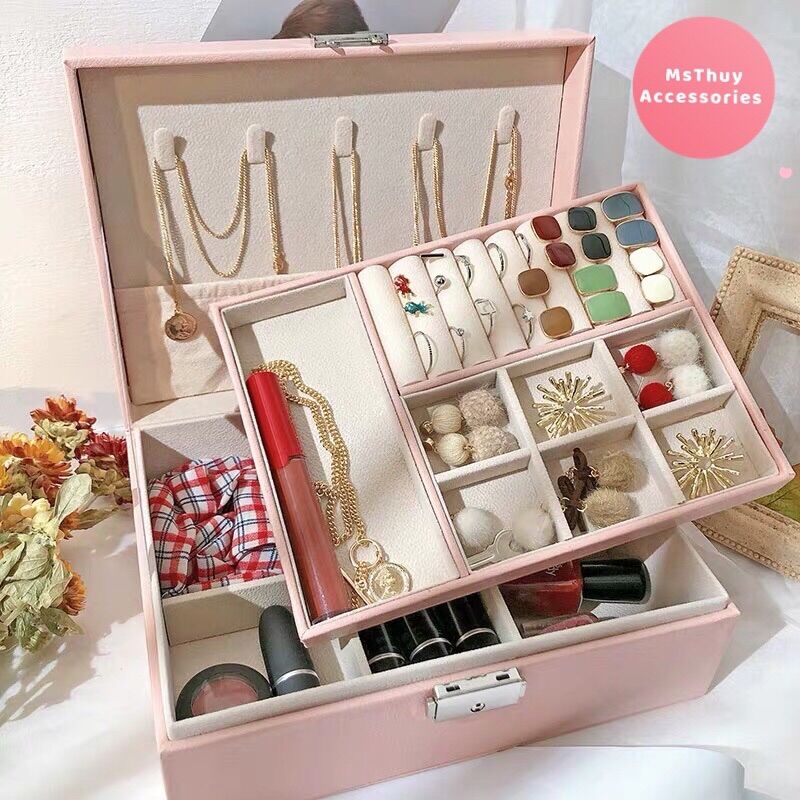 ( Giá sỉ ) Hộp đựng trang sức 2 ngăn bọc da pu có khoá cao cấp (23x17.5x9)