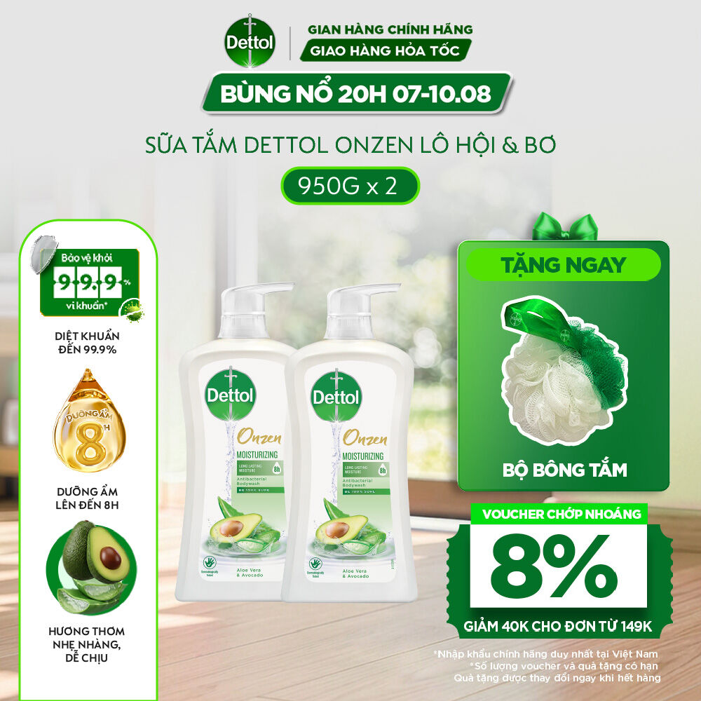 Combo 2 sữa tắm Dettol onzen kháng khuẩn dưỡng ẩm lô hội  bơ - Chai 900g