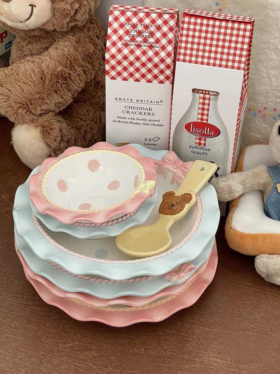 Chén đĩa gốm sứ cao cấp chén dĩa dễ thương màu pastel họa tiết nơ 3D