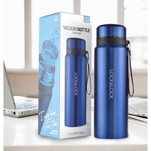 Bình giữ nhiệt 800ml màu xanh dương vacuum bottle có khay lọc trà và dây treo lock&lock lhc6180fu